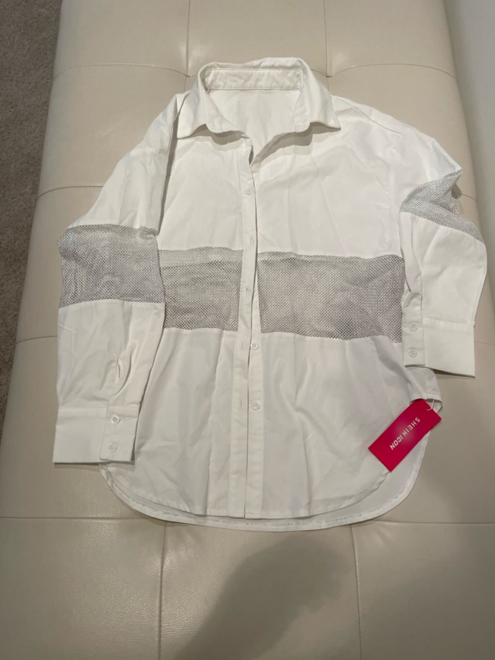 Women’s White Button-Up Shirt with Grey Mesh Panels